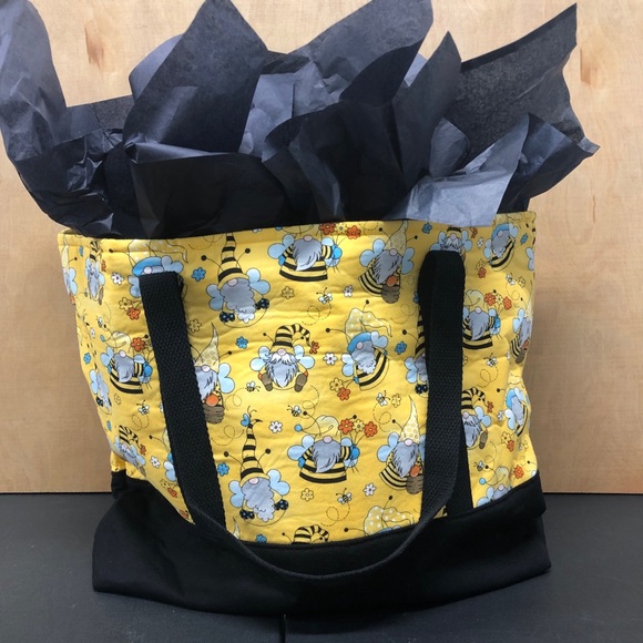 Hand Crafted Handbags - Gnome Canvas Tote Bag Large Bumblebee Yellow Black Handmade
